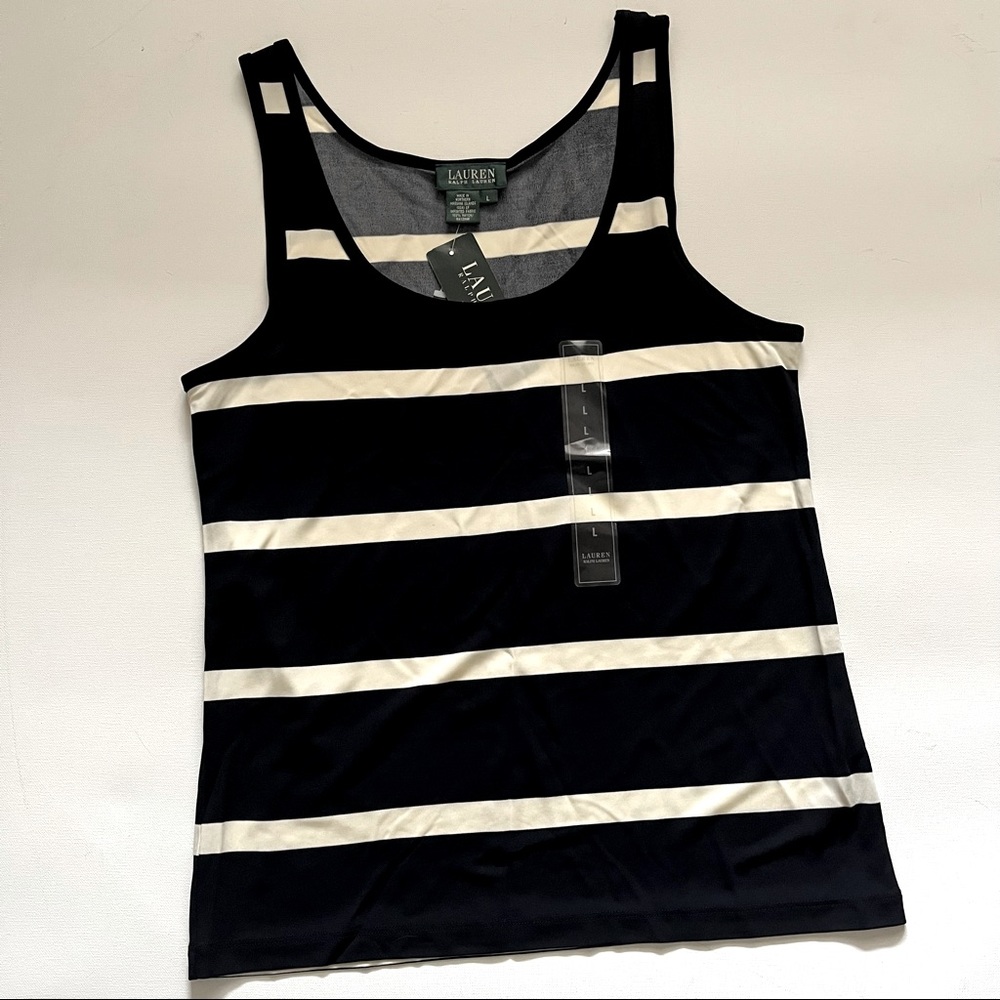 LAUREN RALPH LAUREN Black & White Striped Atlantic Tank Top Size Large